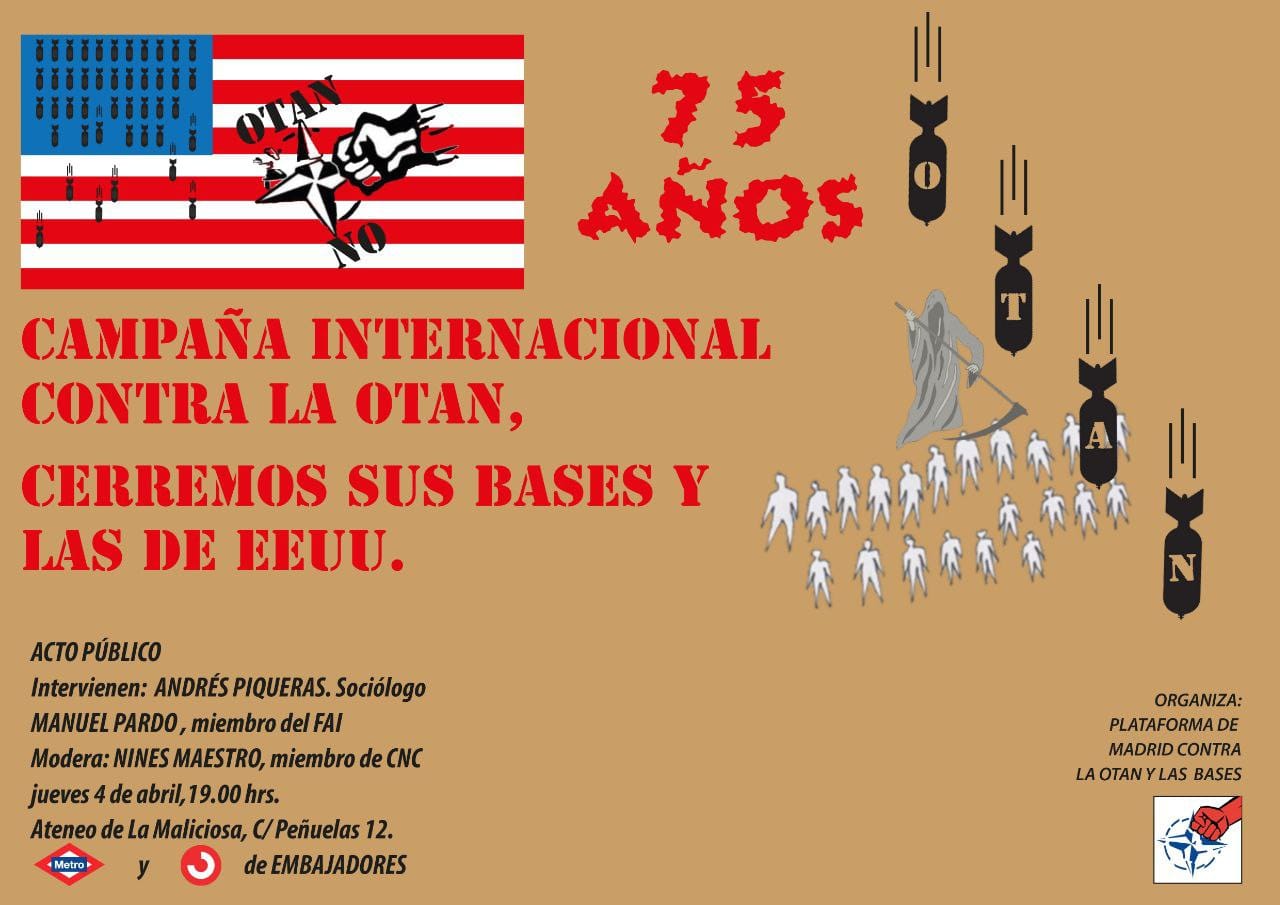 Charla 04/04/2024 Ateneo la Maliciosa: Campaña Internacional contra la OTAN cerremos sus Bases y las de EEUU